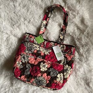 NWT Vera Bradley Mocha Rouge Floral Three Pocket Tote Shoulder Bag